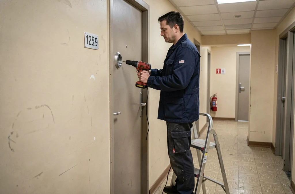 Homme installant un judas grand angle sur une porte d'appartement dans un couloir d'immeuble urbain