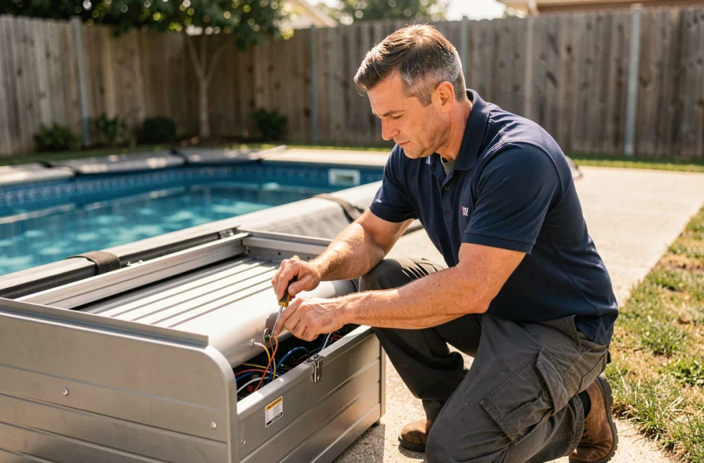 Technicien installant le moteur d'un volet roulant électrique de piscine dans son caisson mural