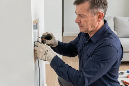 Électricien installant une prise électrique encastrée dans un mur d'un salon moderne avec outils professionnels