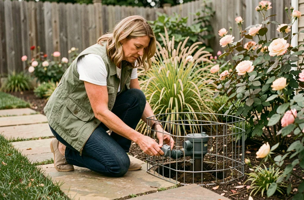 Femme installant une cage de protection métallique autour d'un programmateur d'arrosage enterré dans un jardin résidentiel