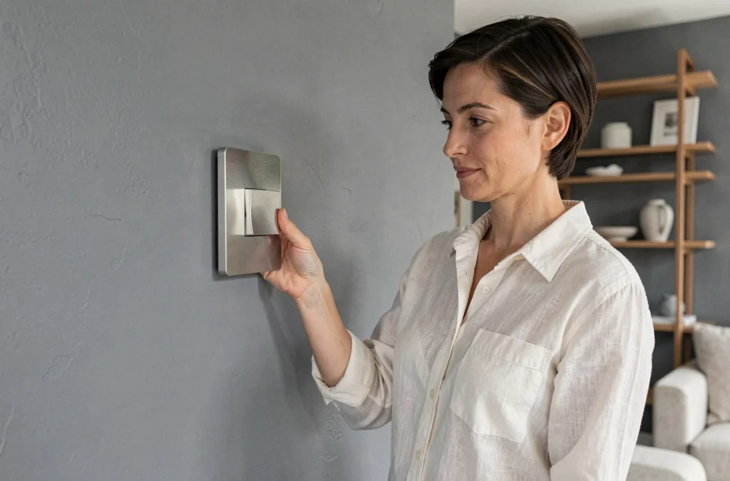 Femme comparant un interrupteur design en acier brossé avec le mur peint de son salon moderne rénové