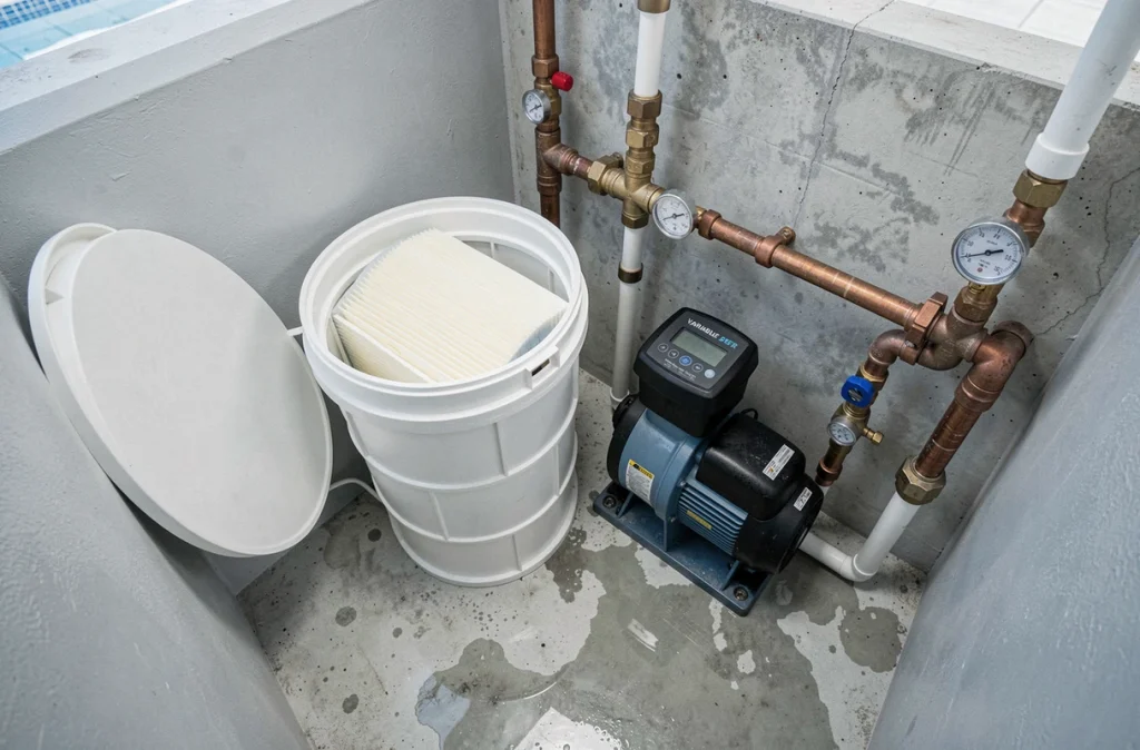 Système de filtration de piscine avec filtre à cartouche ouvert et pompe à vitesse variable dans un local technique