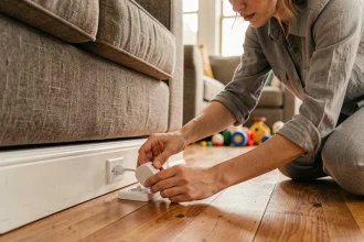 Mère sécurisant une prise électrique avec un cache-prise en plastique dans un salon familial