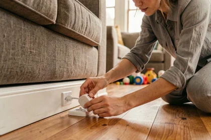 Mère sécurisant une prise électrique avec un cache-prise en plastique dans un salon familial