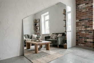 Grand miroir posé contre un mur blanc dans un salon étroit, créant une illusion d'espace dans un petit appartement urbain