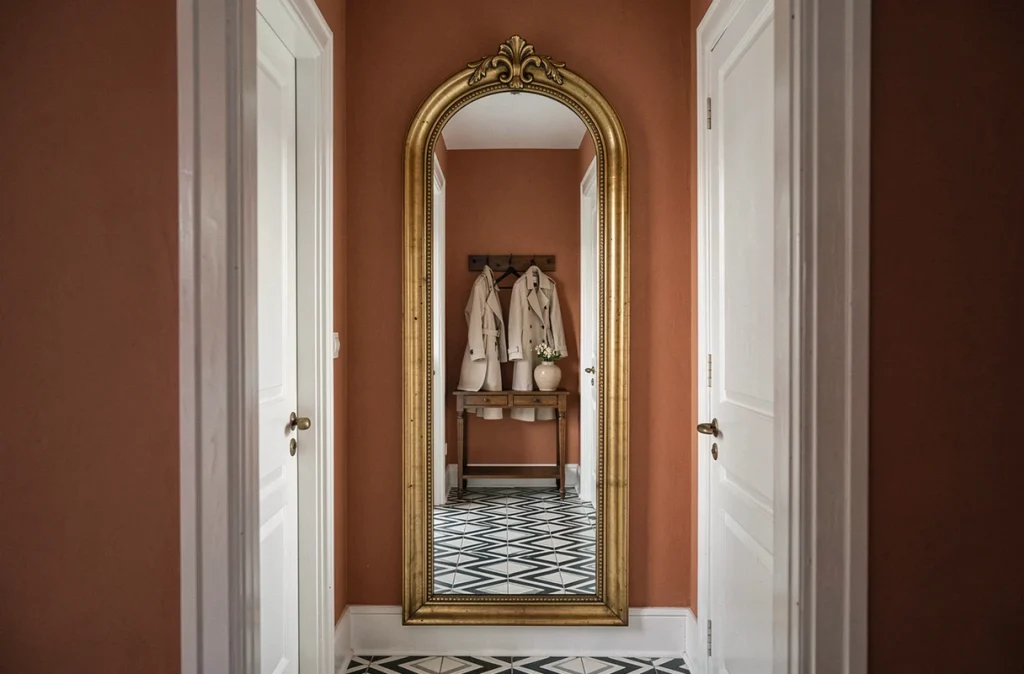 Miroir arrondi à cadre doré dans une entrée de studio reflétant le couloir et créant une illusion de profondeur dans un petit espace