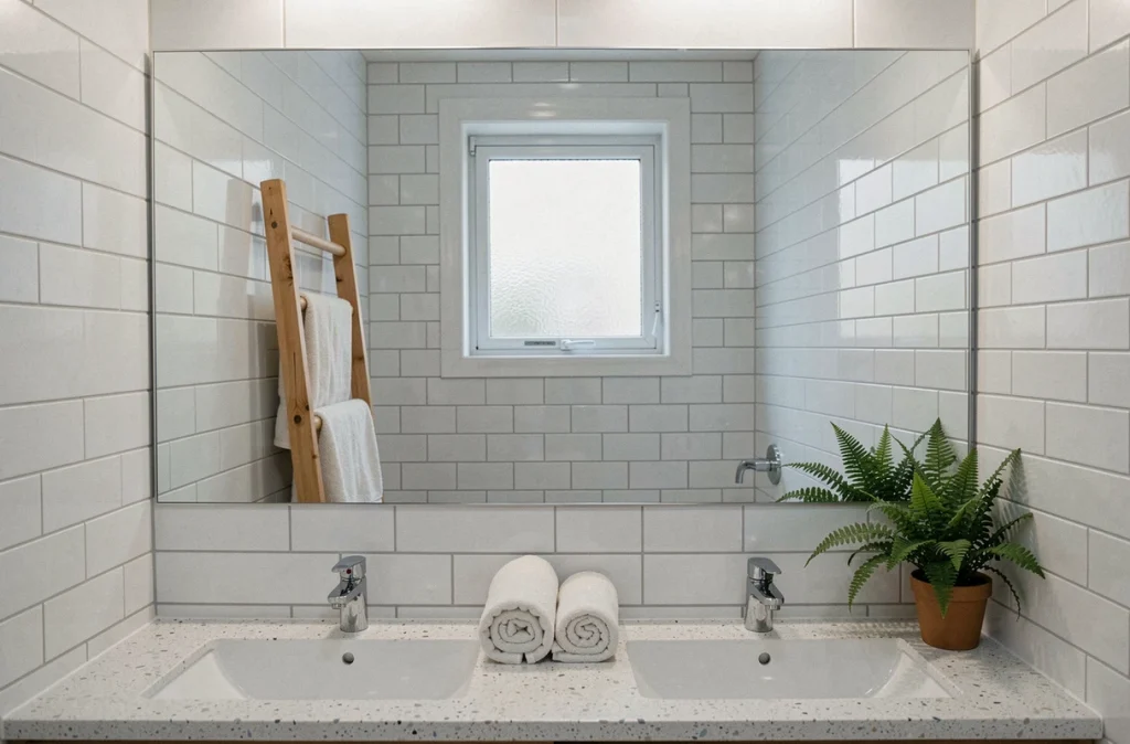 Miroir pleine largeur dans une petite salle de bain parisienne reflétant les carreaux blancs et agrandissant visuellement la pièce
