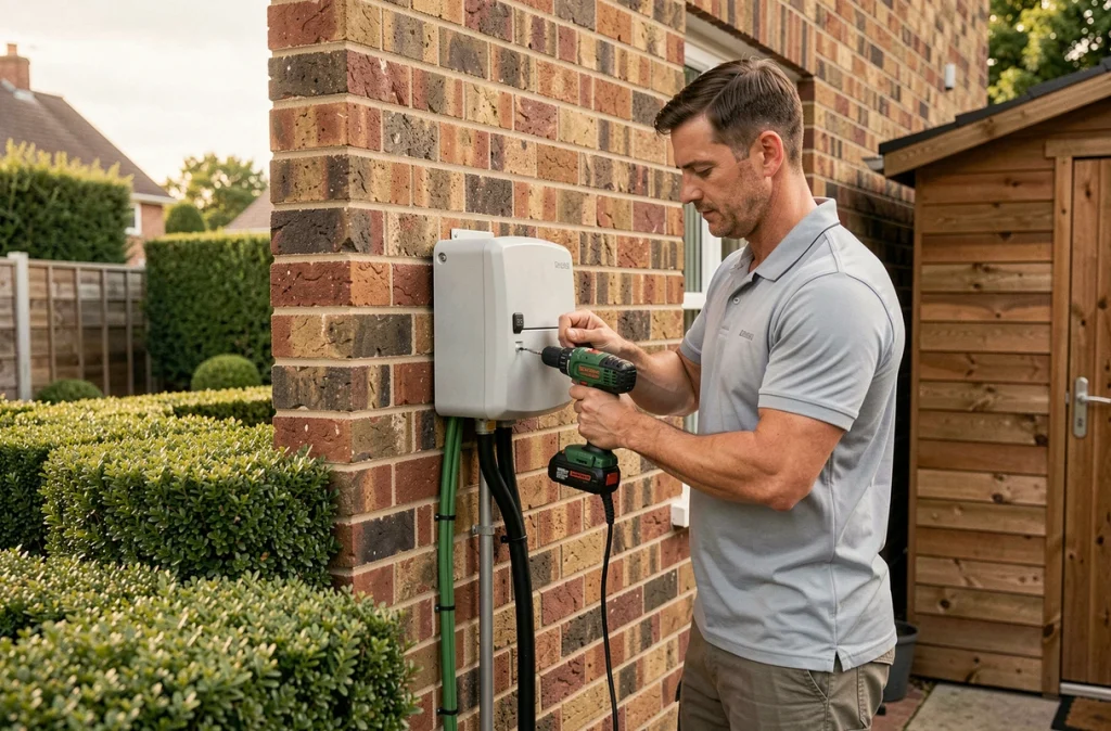 Homme fixant un boîtier de protection étanche pour câblage d'arrosage automatique sur le mur extérieur d'une maison avec jardin