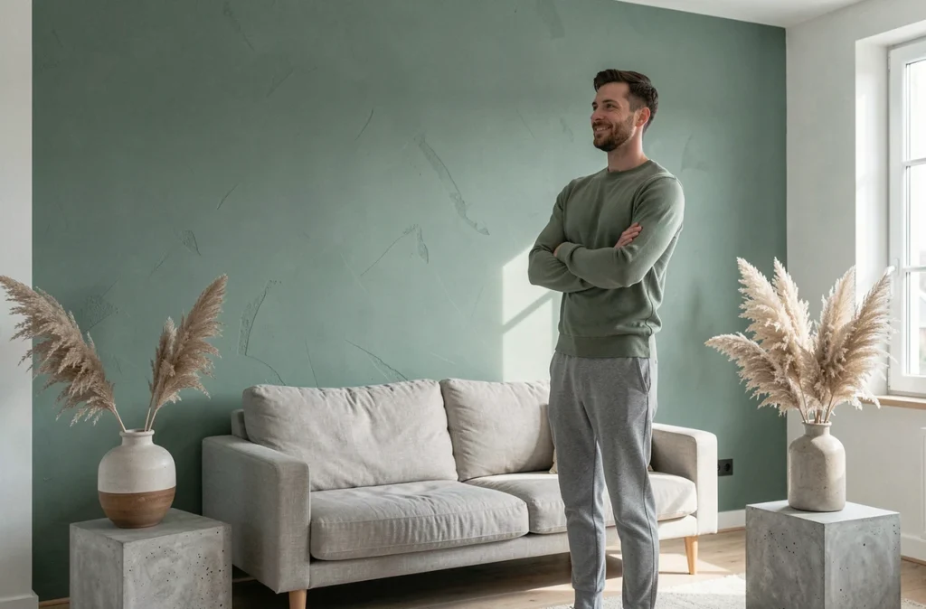Homme admirant un mur accent vert sauge dans un salon scandinave minimaliste avec décoration naturelle