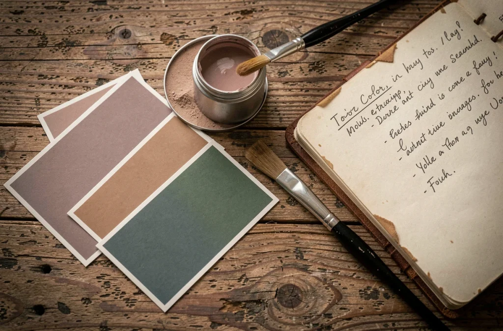 Nuanciers de peinture tendance saison posés sur une table en bois avec pinceau et carnet de notes design