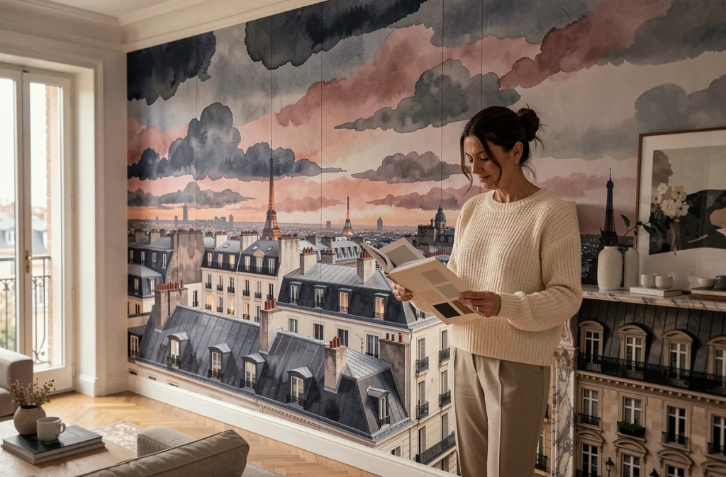 Femme consultant un livre de décoration devant un papier peint panoramique paysage urbain dans un salon parisien