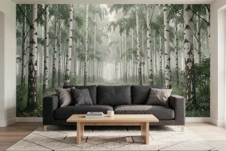 Salon moderne avec papier peint panoramique forêt de bouleaux derrière un canapé en lin gris anthracite