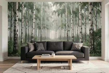 Salon moderne avec papier peint panoramique forêt de bouleaux derrière un canapé en lin gris anthracite
