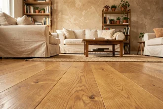Salon chaleureux avec parquet en chêne miel et mobilier naturel illustrant l'influence du bois sur l'ambiance d'une pièce