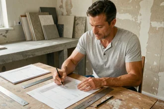 Particulier annotant un planning de travaux PDF imprimé sur une table en bois dans une cuisine en cours de rénovation