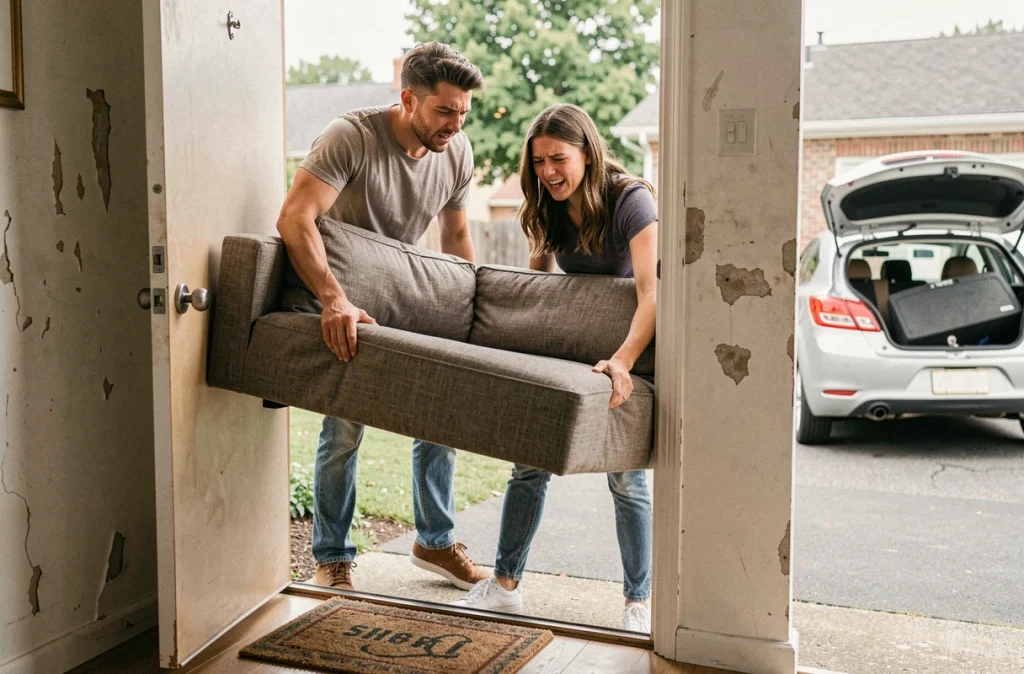 Un couple de particuliers tentant de déplacer un canapé encombrant à travers la porte d'entrée de leur maison sans aide professionnelle