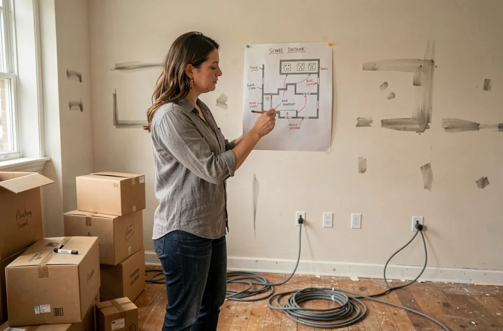 Femme planifiant l'installation électrique de son nouveau logement pendant la préparation du déménagement