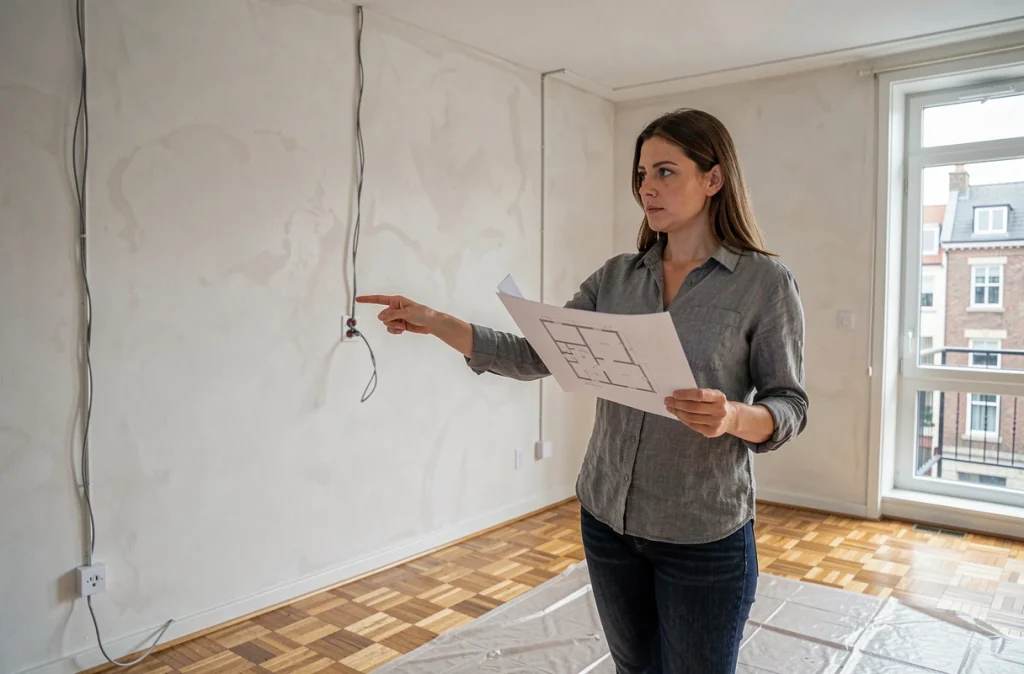 Femme consultant des plans électriques dans un nouveau logement vide avant emménagement