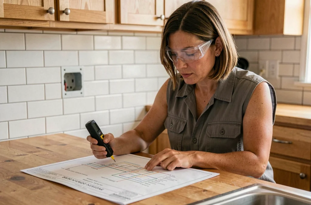 Femme consultant un schéma électrique avant d'installer une prise murale en saillie dans une cuisine rénovée