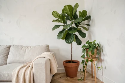 Grand ficus lyrata en pot terracotta dans un salon moderne au style scandinave avec canapé en lin et parquet chêne