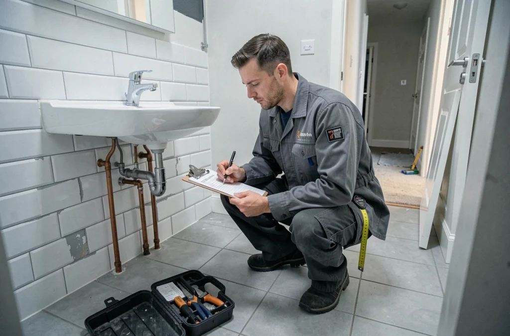 Plombier artisan rédigeant un devis sur un chantier de rénovation de salle de bain