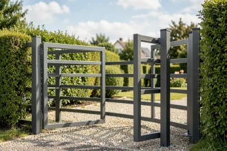 Portail en tube aluminium carré gris anthracite dans un jardin résidentiel moderne avec allée en gravier