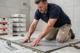 Carreleur professionnel posant un grand carreau gris sur un sol en béton lors de travaux de rénovation de salle de bain
