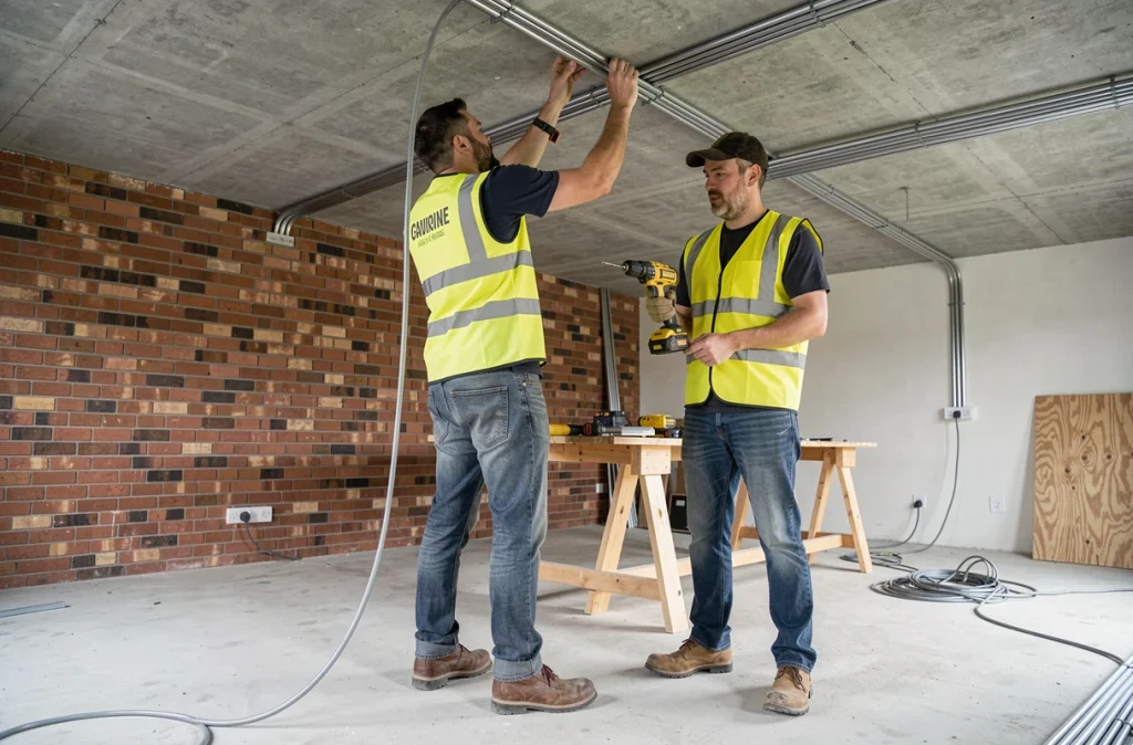 Deux ouvriers électriciens posant des conduits électriques dans un grand logement en rénovation