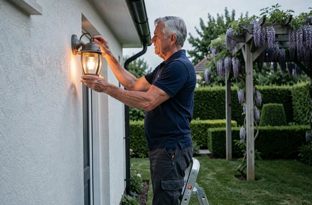 Homme fixant une lanterne murale extérieure sur la façade d'une maison au-dessus d'un jardin