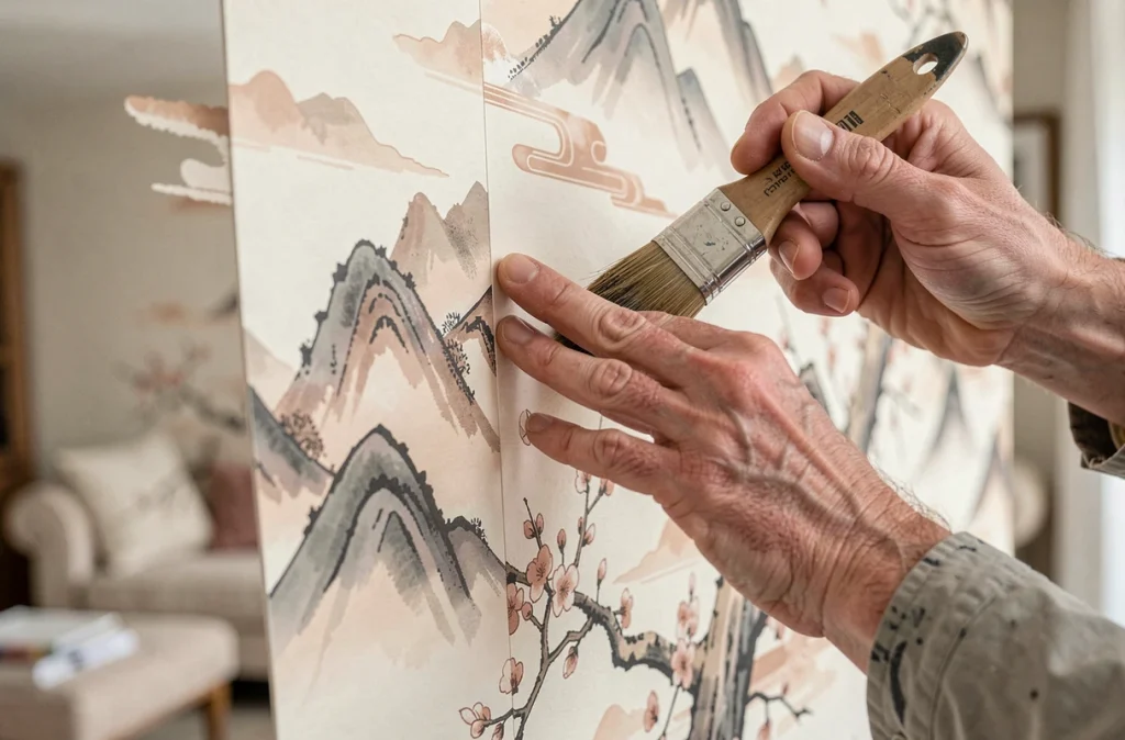Détail de pose de papier peint panoramique japonais avec branches de cerisier dans un salon en rénovation