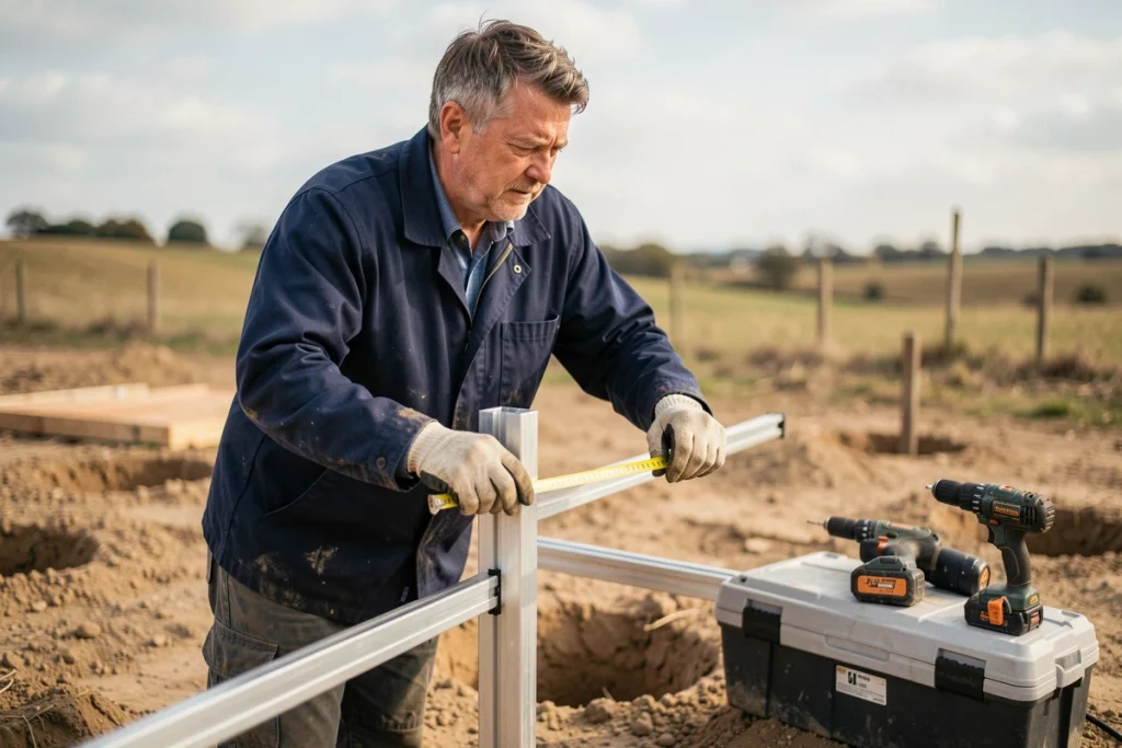 Installateur professionnel posant un tube aluminium carré pour une clôture sur un chantier extérieur avec paysage rural en arrière-plan