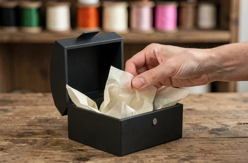 Mains de femme préparant une boîte cadeau vide noire pour bijoux avec papier de soie blanc, emballage style bijouterie