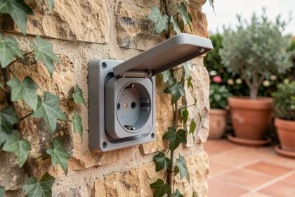 Prise électrique étanche montée sur un mur en pierre d'une terrasse résidentielle avec couvercle de protection ouvert