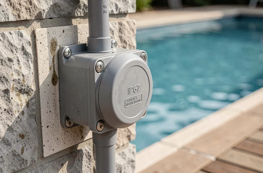 Prise électrique étanche et conduit IP67 installés conformément aux normes électriques près d'une piscine
