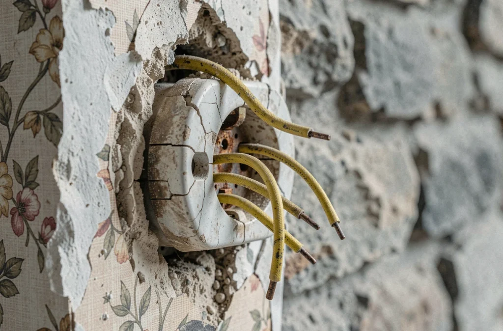 Prise électrique ancienne deux broches avec câblage textile dégradé dans une maison ancienne en pierre