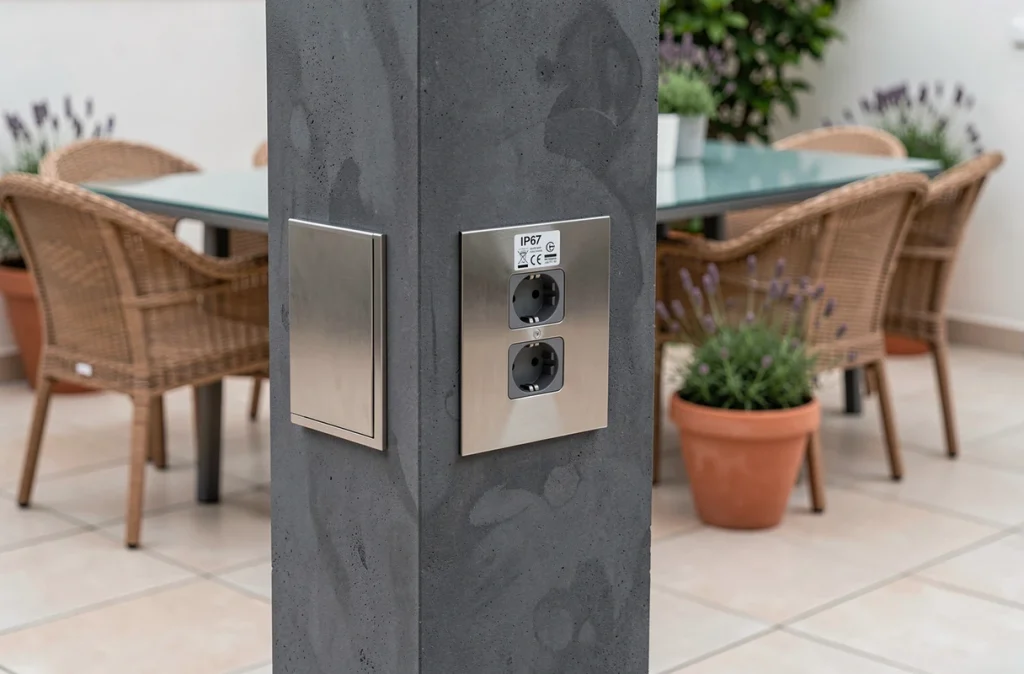 Prises électriques étanches encastrées dans un pilier en béton sur une terrasse moderne avec salon de jardin