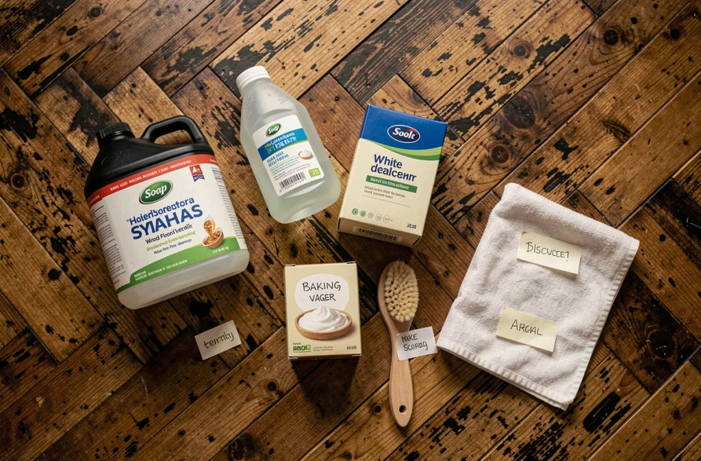 Produits naturels pour nettoyer un parquet noirci disposés en flat lay sur du bois ancien