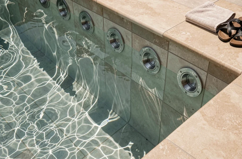 Gros plan sur des projecteurs LED encastrés dans la paroi d'une piscine rectangulaire moderne avec reflets sur le fond carrelé