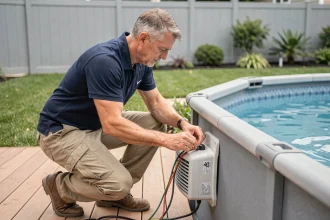 Technicien raccordant un chauffage électrique sur une piscine hors-sol dans un jardin résidentiel