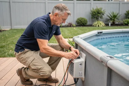 Technicien raccordant un chauffage électrique sur une piscine hors-sol dans un jardin résidentiel