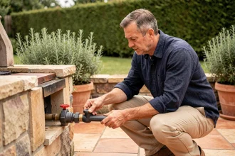 Homme inspectant le raccordement gaz sécurisé d'un barbecue encastré en pierre sur une terrasse carrelée