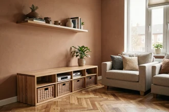 Petit salon bien organisé avec meuble TV bas et paniers en osier pour optimiser le rangement