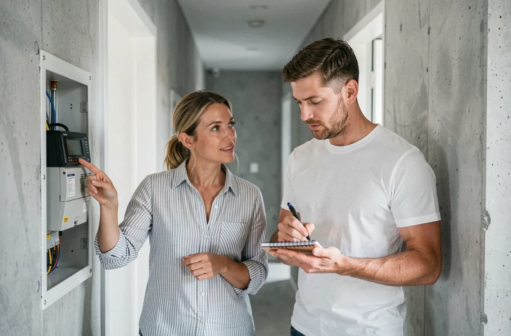 Couple relevant le compteur électrique dans un nouvel appartement pour le transfert de contrat