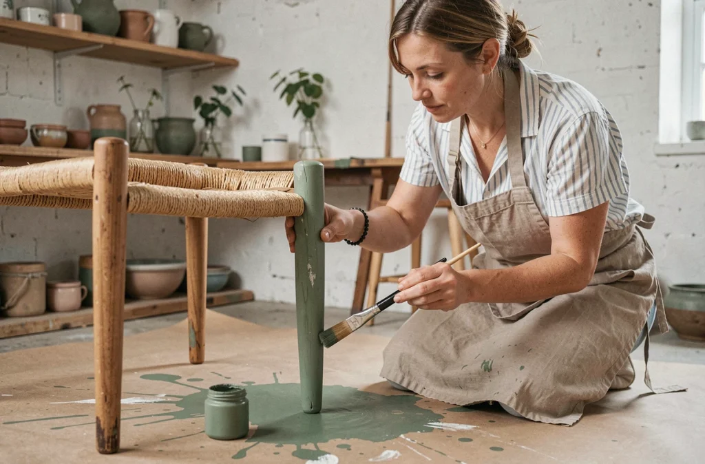 Femme peignant des pieds de chaise paillée en vert sauge pour un relooking DIY contemporain