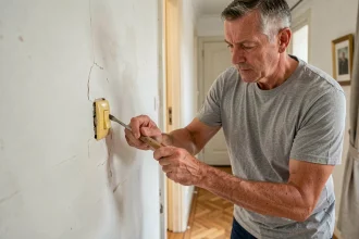 Homme remplaçant un ancien interrupteur électrique dans un couloir d'appartement lors de travaux de rénovation