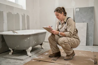 Entrepreneur en rénovation mesurant l'espace après le retrait d'une baignoire dans une salle de bain en chantier