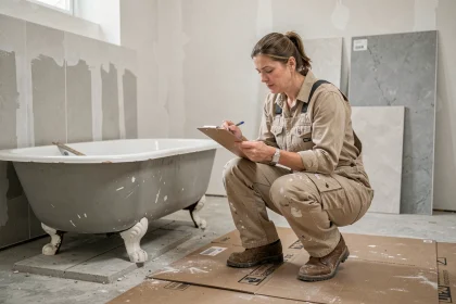 Entrepreneur en rénovation mesurant l'espace après le retrait d'une baignoire dans une salle de bain en chantier