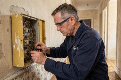 Électricien professionnel remplaçant un tableau électrique ancien dans un appartement des années 70