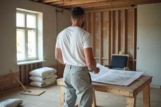 Propriétaire consultant un plan de rénovation dans un salon en cours de travaux avec murs en briques apparentes