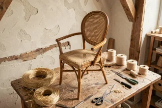 Chaise paillée en cours de restauration sur un établi d'artisan avec matériaux de rempaillage naturels